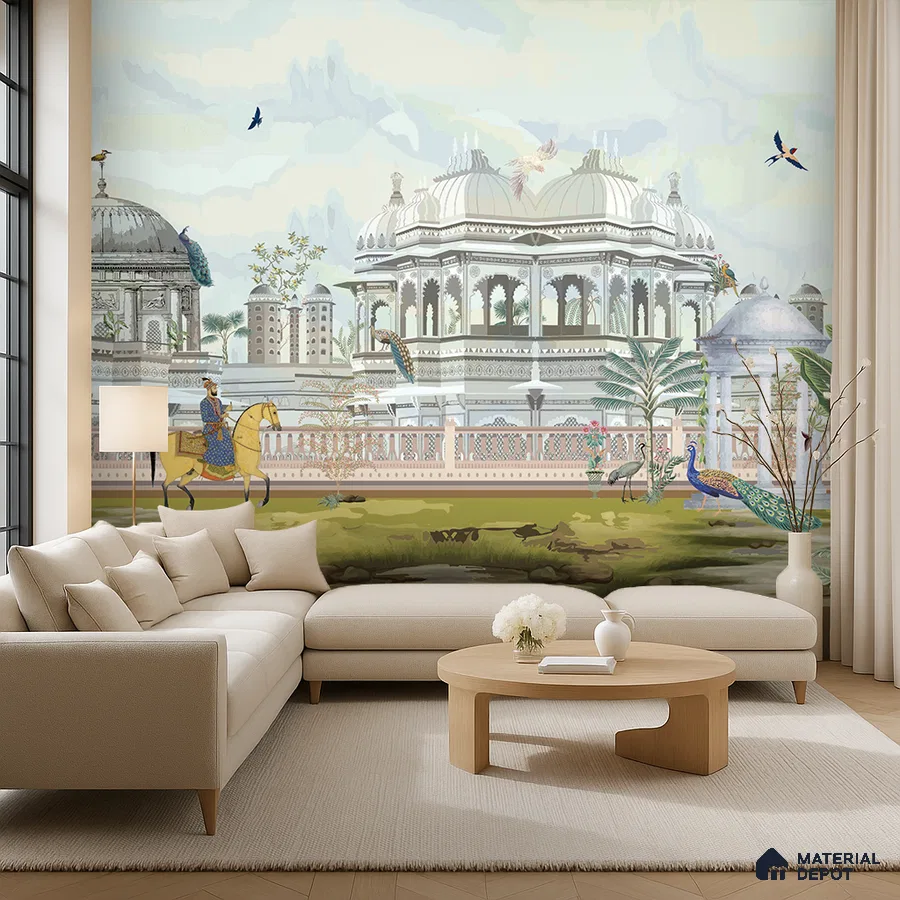 Eclectic living room with Indian palace mural wallpaper and beige upholstery in Bengaluru