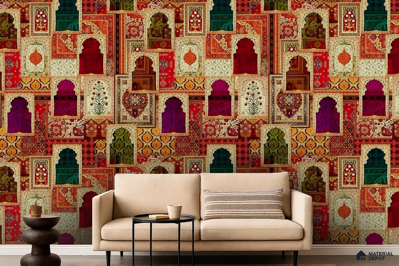 Eclectic living room with Indian patterned wallpaper and beige fabric sofa in Bengaluru