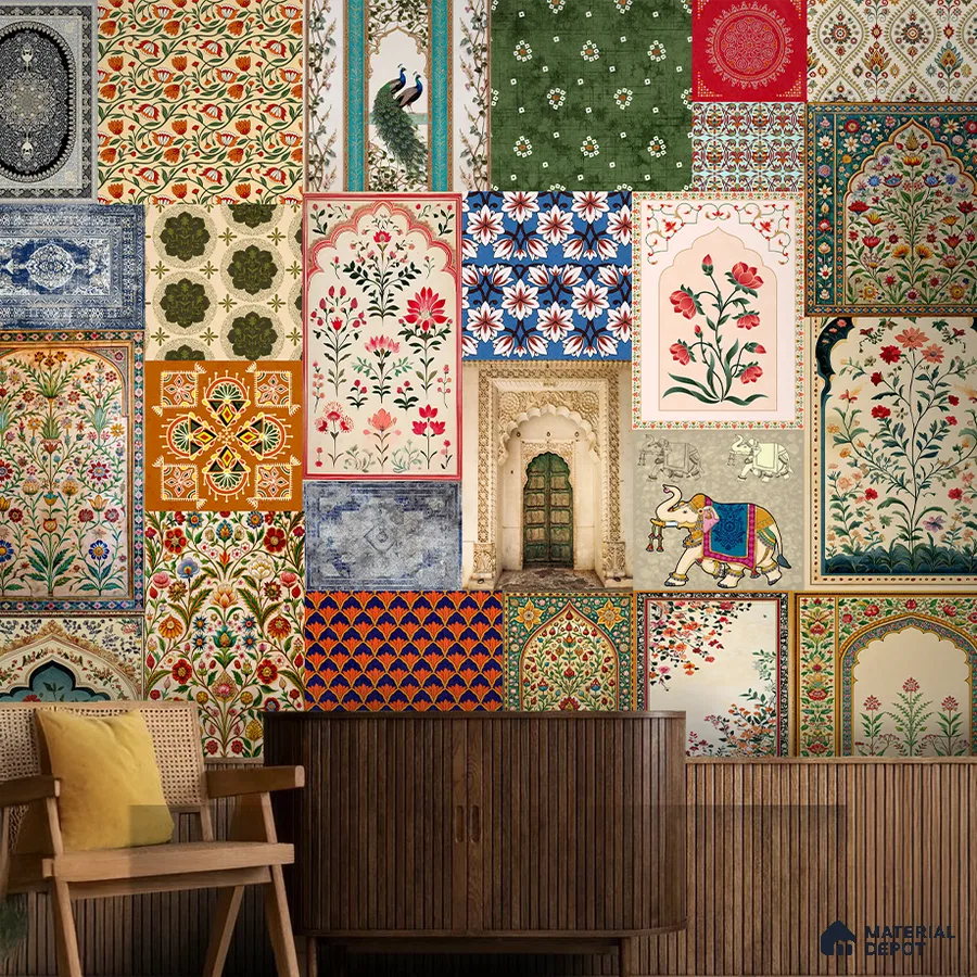 Eclectic living room with Indian patterned wallpaper and fluted wood panels in Bengaluru