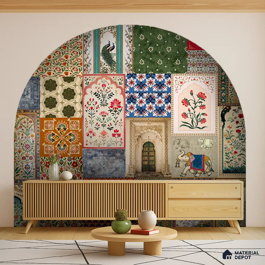Eclectic living room with Indian patterned wallpaper and light wood fluted console in Bengaluru