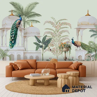 Eclectic living room with Indian peacock mural wallpaper and tan leather sofa in Bengaluru
