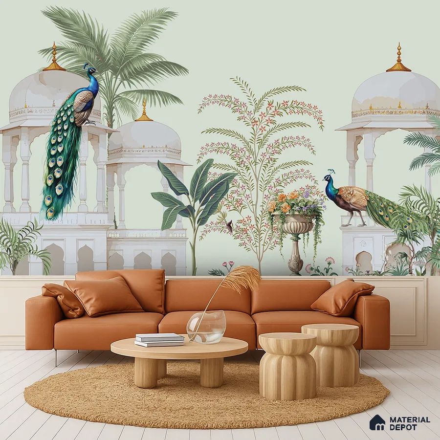 Eclectic living room with Indian peacock mural wallpaper and tan leather sofa in Bengaluru