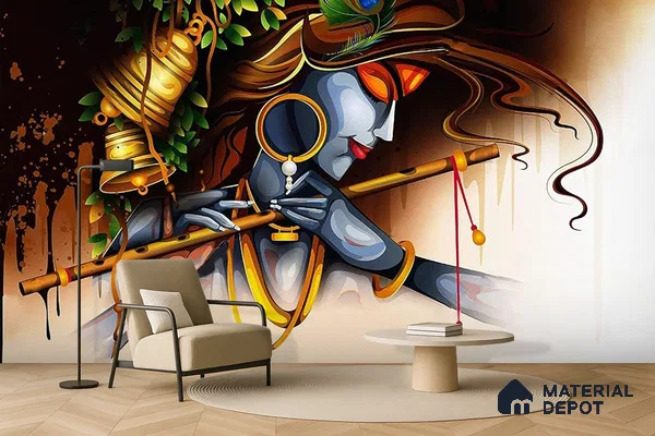Eclectic living room with Krishna mural wallpaper and light wood chevron flooring in Bengaluru