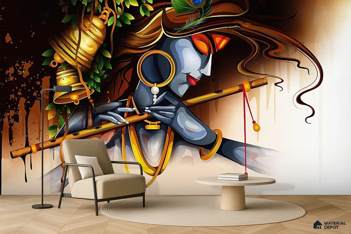 Eclectic living room with Krishna mural wallpaper and light wood chevron flooring in Bengaluru