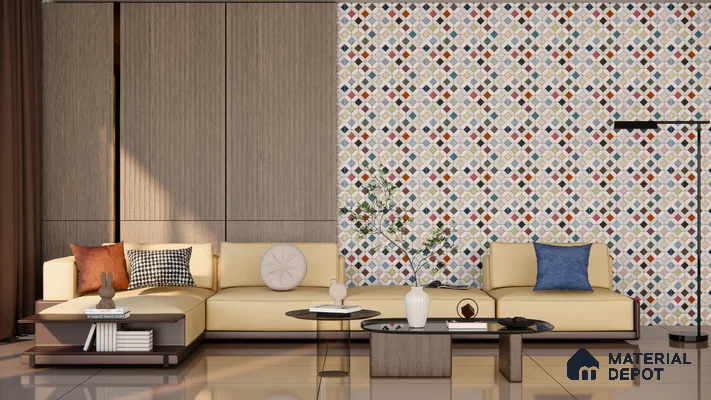 Eclectic Living Room with Multicolor Geometric Tiles and Beige Sofa | Material Depot