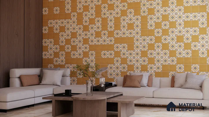 Eclectic Living Room with Mustard and Patterned Accent Tile Wall | Material Depot