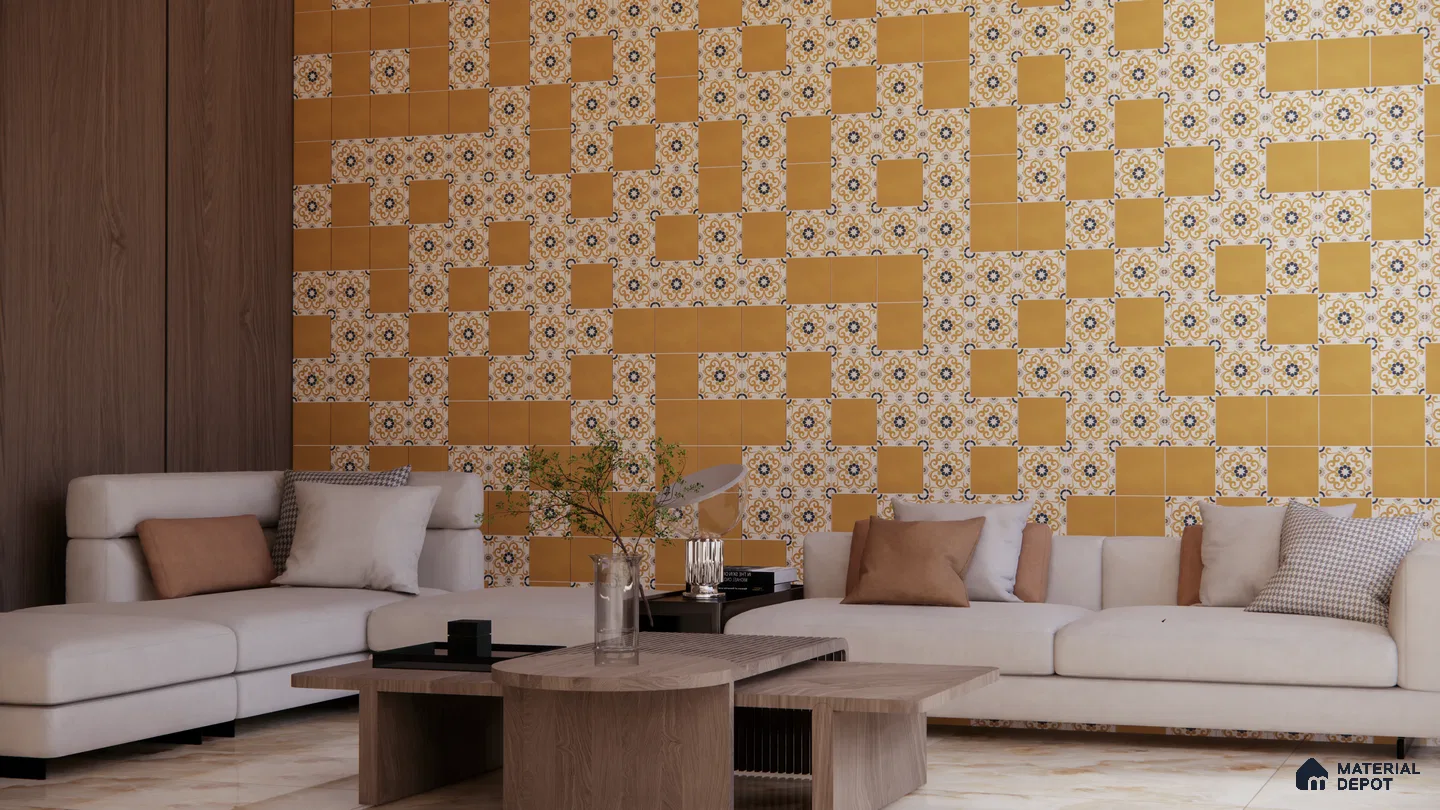 Eclectic Living Room with Mustard and Patterned Accent Tile Wall | Material Depot