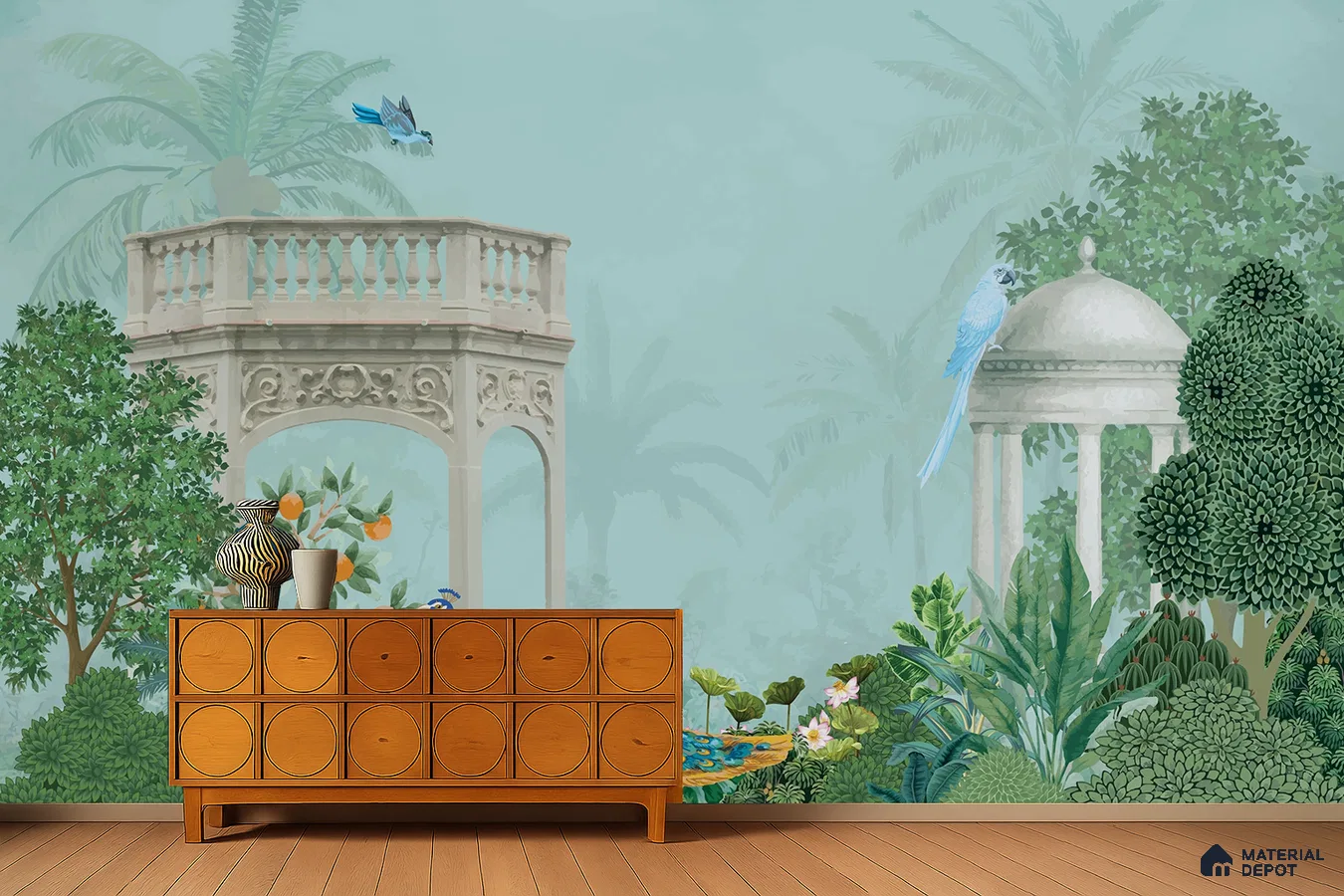 Eclectic living room with nature-themed mural wallpaper and mid-century modern wooden console in Bengaluru