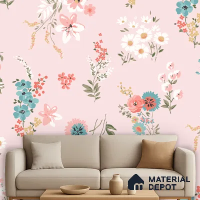 Eclectic living room with pastel floral wallpaper and beige fabric sofa in Bengaluru