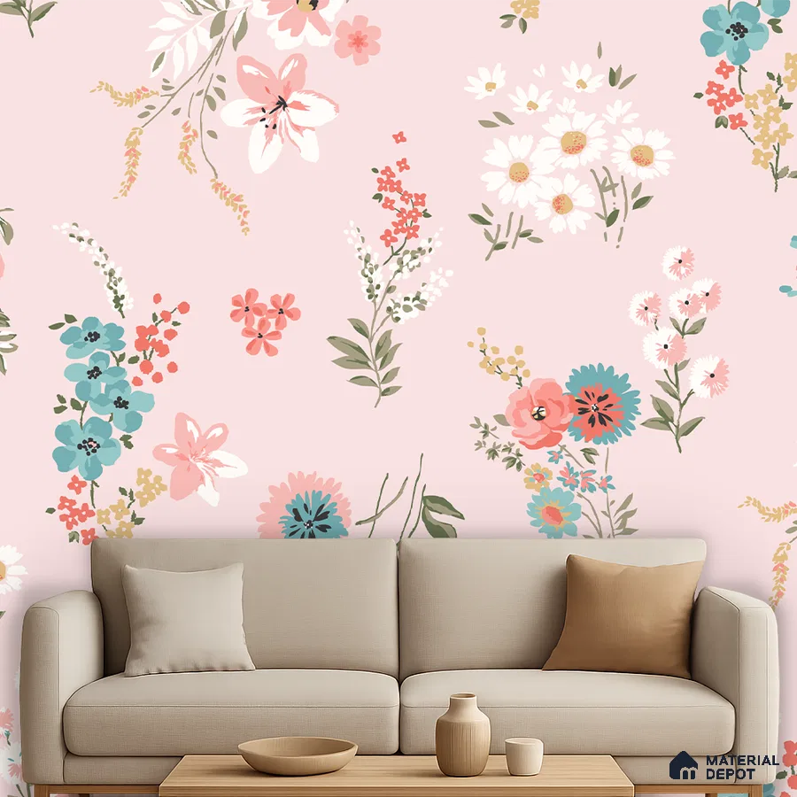 Eclectic living room with pastel floral wallpaper and beige fabric sofa in Bengaluru