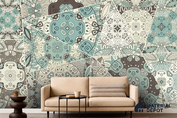 Eclectic living room with patterned geometric wallpaper and beige fabric sofa in Bengaluru
