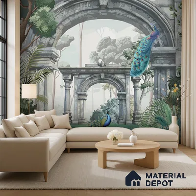 Eclectic living room with peacock and ruins mural wallpaper, beige fabric sofa, and light wood coffee table in Bengaluru