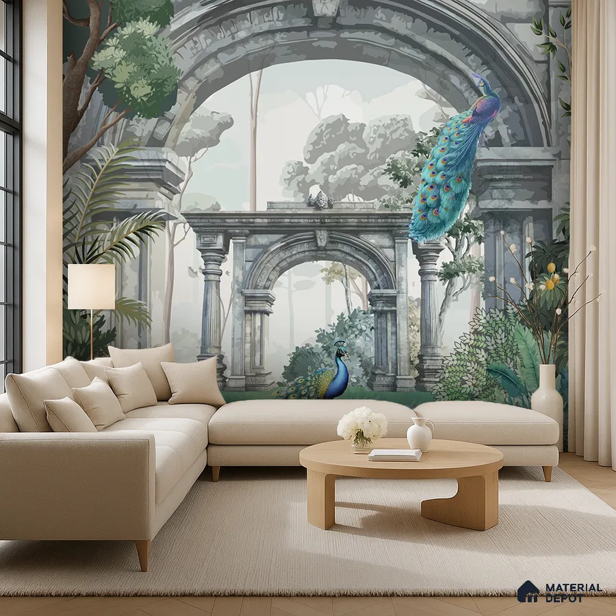 Eclectic living room with peacock and ruins mural wallpaper, beige fabric sofa, and light wood coffee table in Bengaluru