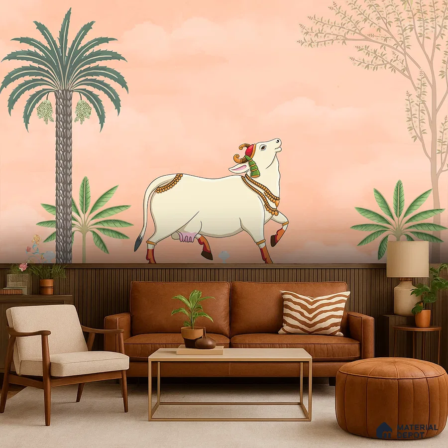 Eclectic living room with pichwai wallpaper, tan leather sofa, and wood paneling in Bengaluru