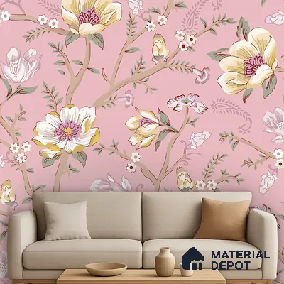 Eclectic living room with pink floral wallpaper and beige fabric sofa in Bengaluru