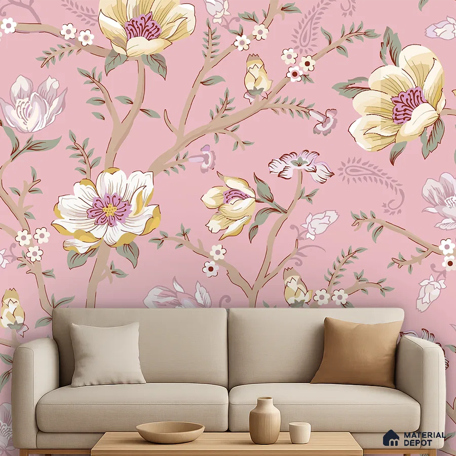 Eclectic living room with pink floral wallpaper and beige fabric sofa in Bengaluru