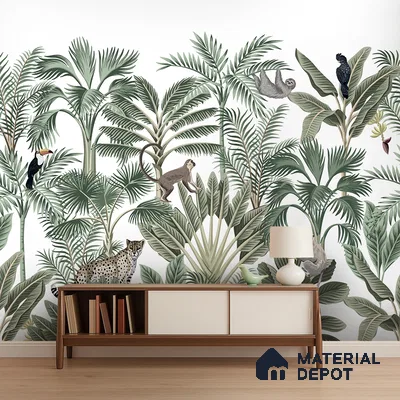 Eclectic living room with tropical animal print wallpaper and mid-century modern console in Bengaluru