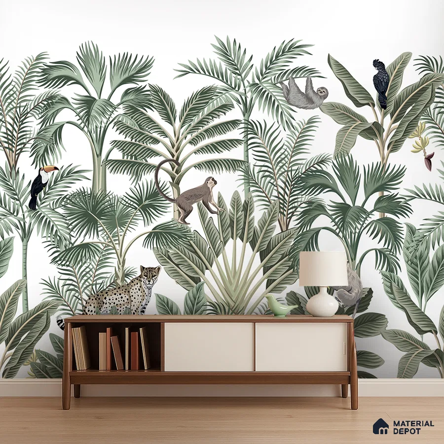 Eclectic living room with tropical animal print wallpaper and mid-century modern console in Bengaluru