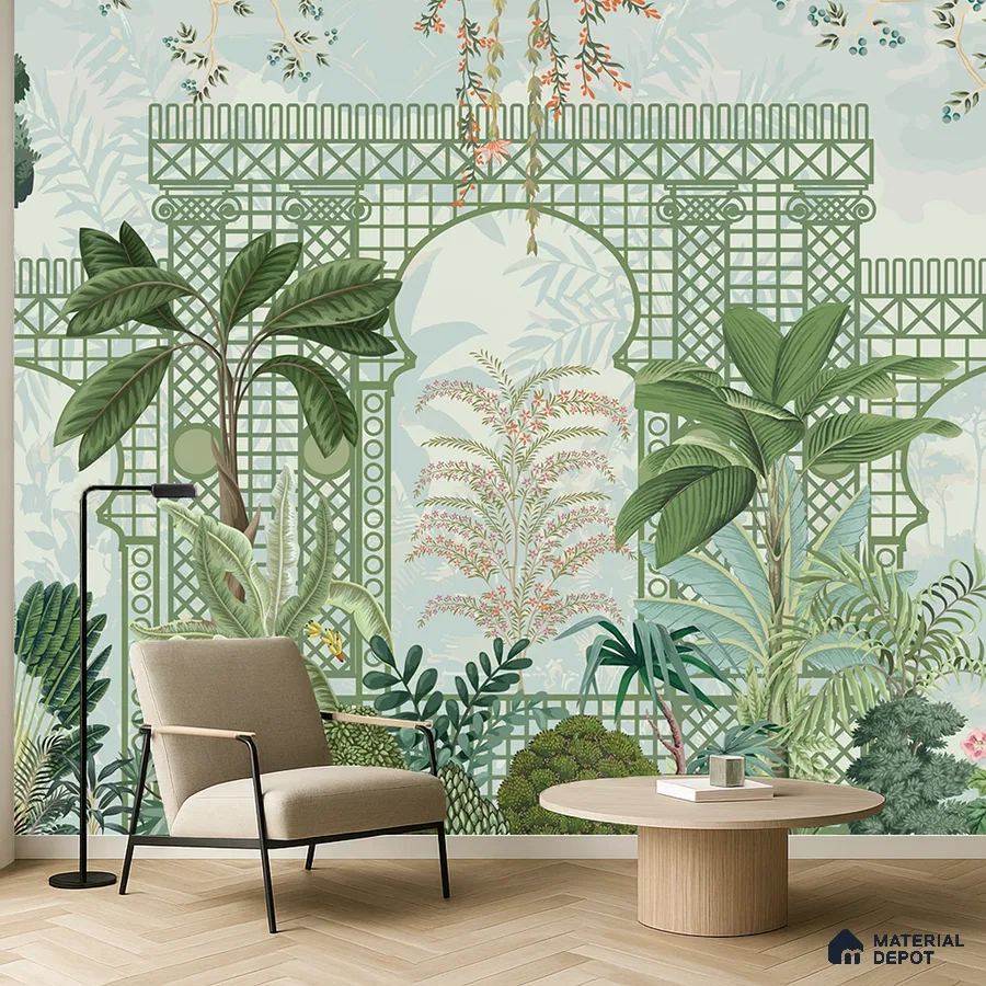 Eclectic living room with tropical botanical wallpaper and light wood herringbone flooring in Bengaluru
