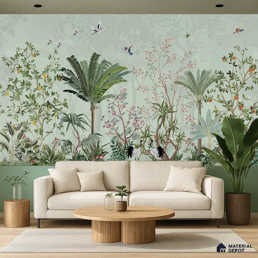 Eclectic living room with tropical chinoiserie wallpaper and natural wood coffee table in Bengaluru