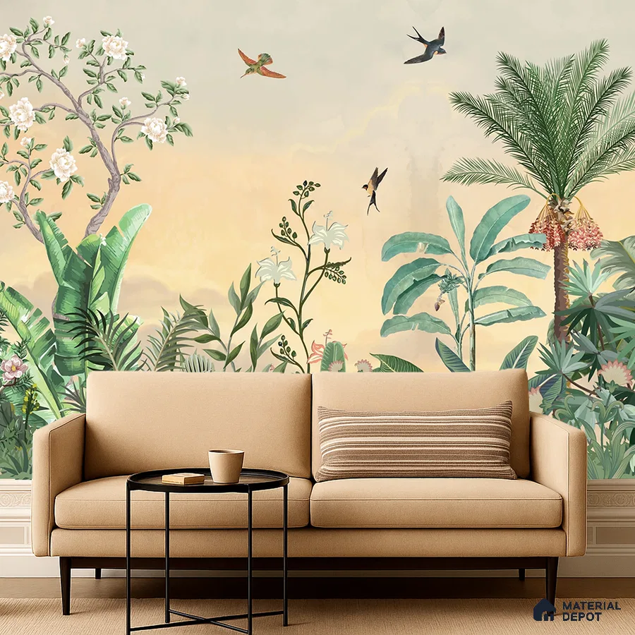 Eclectic living room with tropical nature wallpaper and beige fabric sofa in Bengaluru
