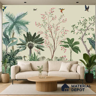 Eclectic living room with tropical nature wallpaper and beige fabric sofa in Bengaluru