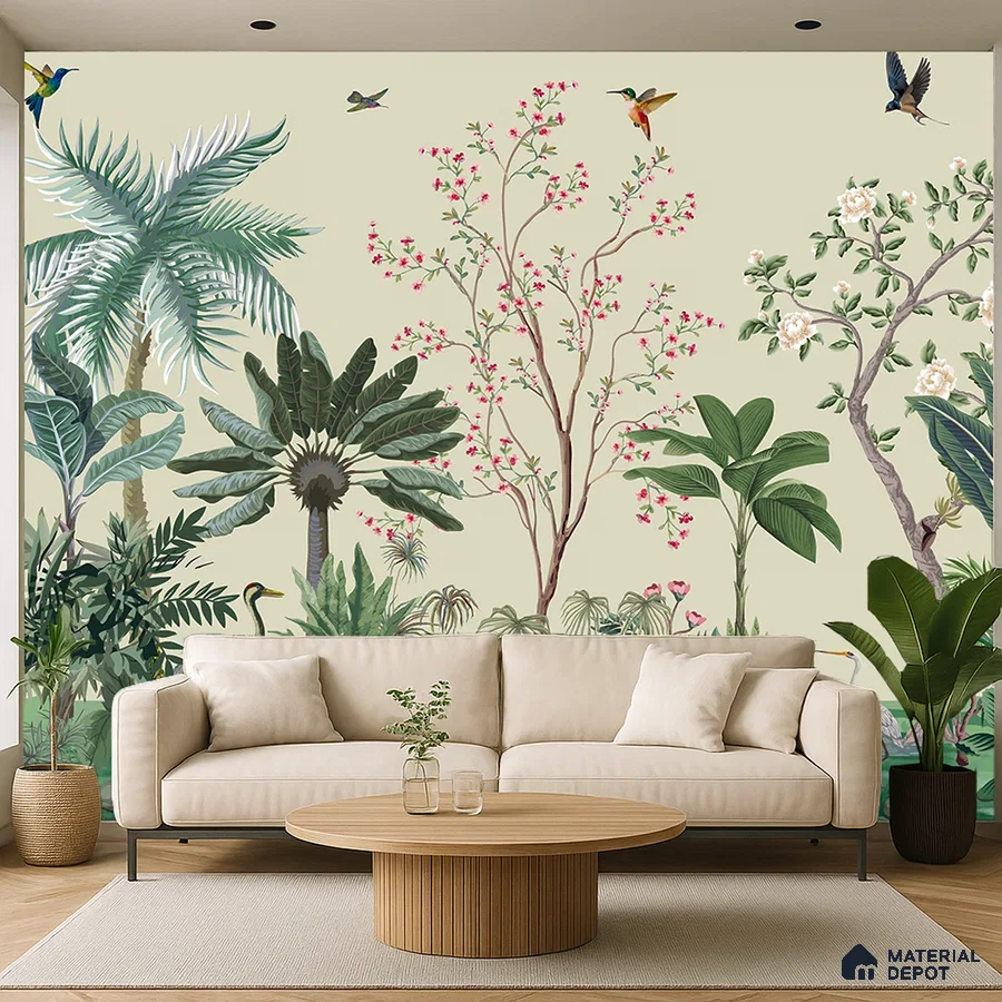 Eclectic living room with tropical nature wallpaper and beige fabric sofa in Bengaluru