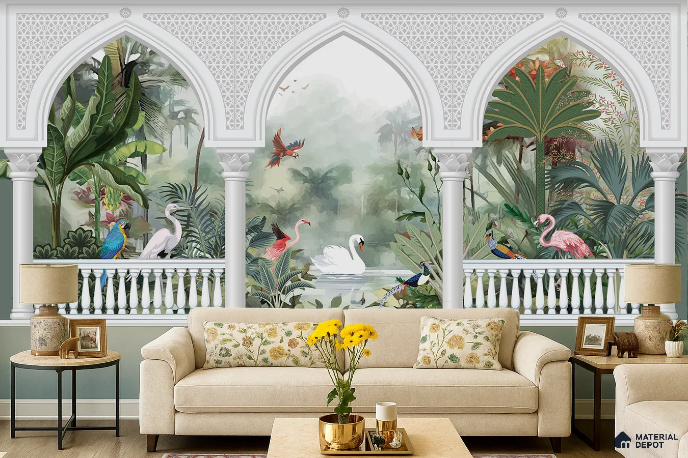 Eclectic living room with tropical nature wallpaper, white jaali arches, and beige upholstery in Bengaluru