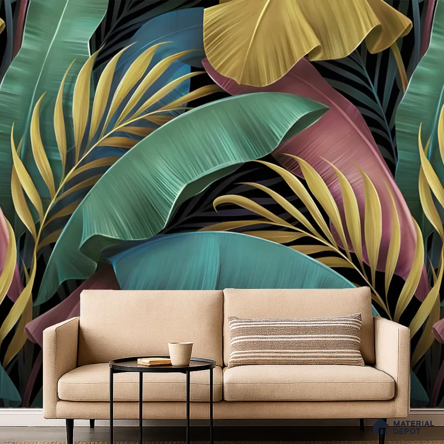 Eclectic living room with tropical patterned wallpaper and beige fabric sofa in Bengaluru
