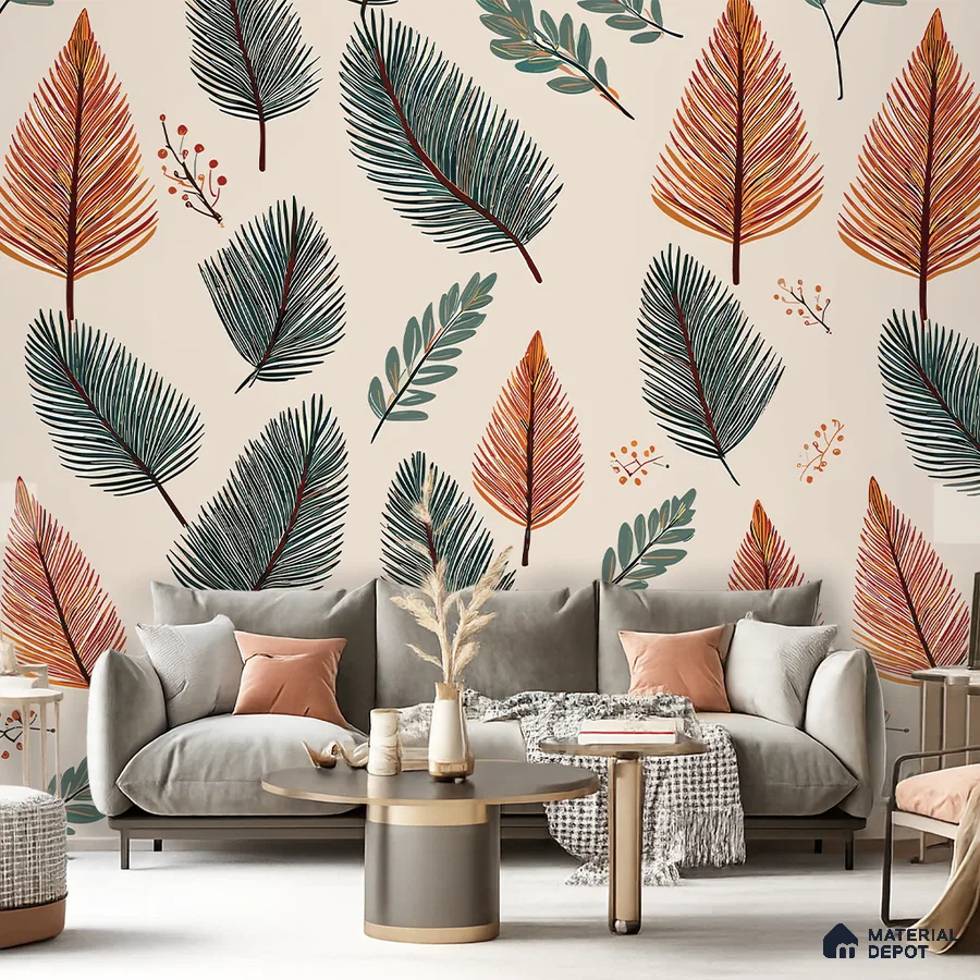 Eclectic living room with tropical patterned wallpaper and beige suede sofa in Bengaluru