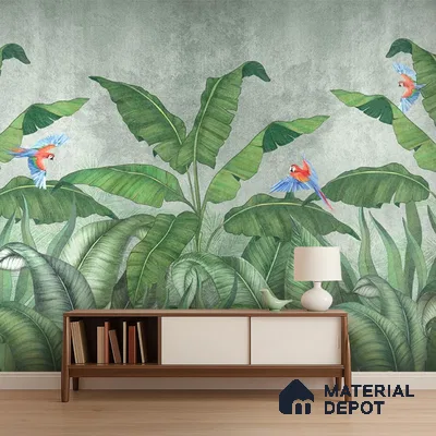 Eclectic living room with tropical wallpaper and mid-century modern console in Bengaluru