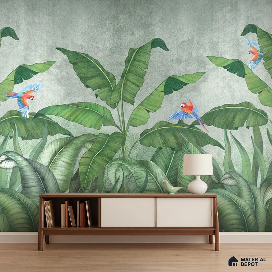 Eclectic living room with tropical wallpaper and mid-century modern console in Bengaluru