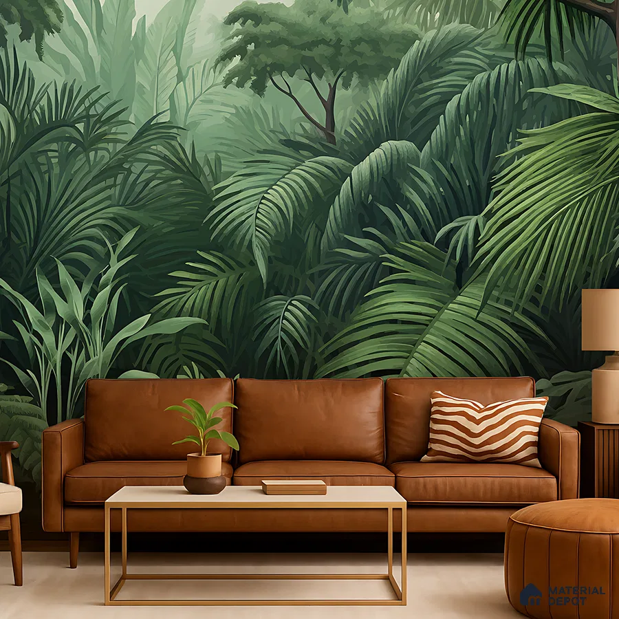 Eclectic living room with tropical wallpaper and tan leather sofa in Bengaluru