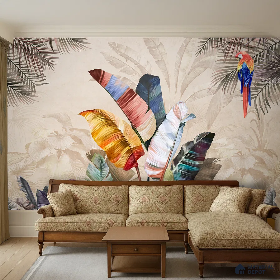 Eclectic living room with tropical wallpaper and traditional wooden sofa set in Bengaluru