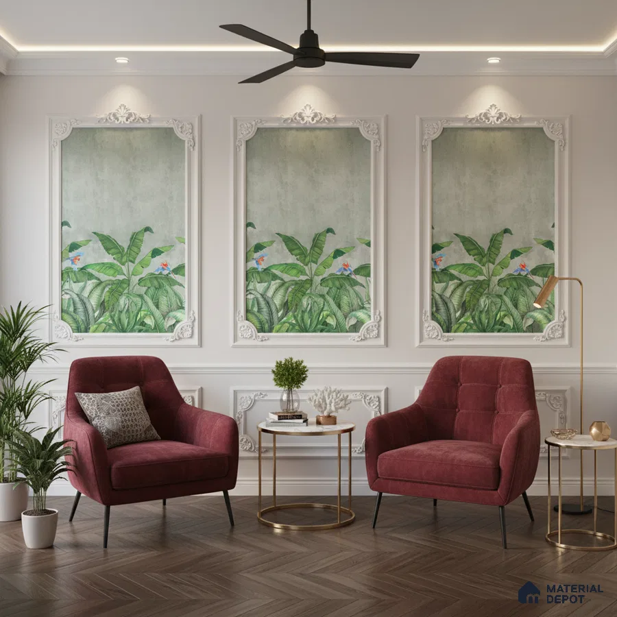 Eclectic living room with tropical wallpaper panels, burgundy velvet chairs, and herringbone wooden flooring in Bengaluru