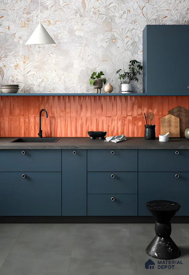 Eclectic Modern Kitchen with Bold Backsplash and Floral Accent Wall | Material Depot