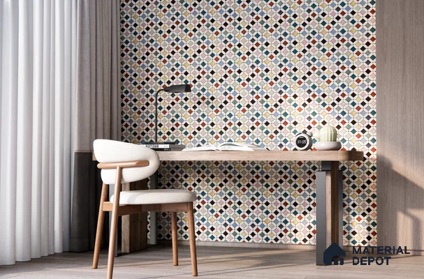 Eclectic Mosaic Tile Study Nook with Warm Wood Accents | Material Depot