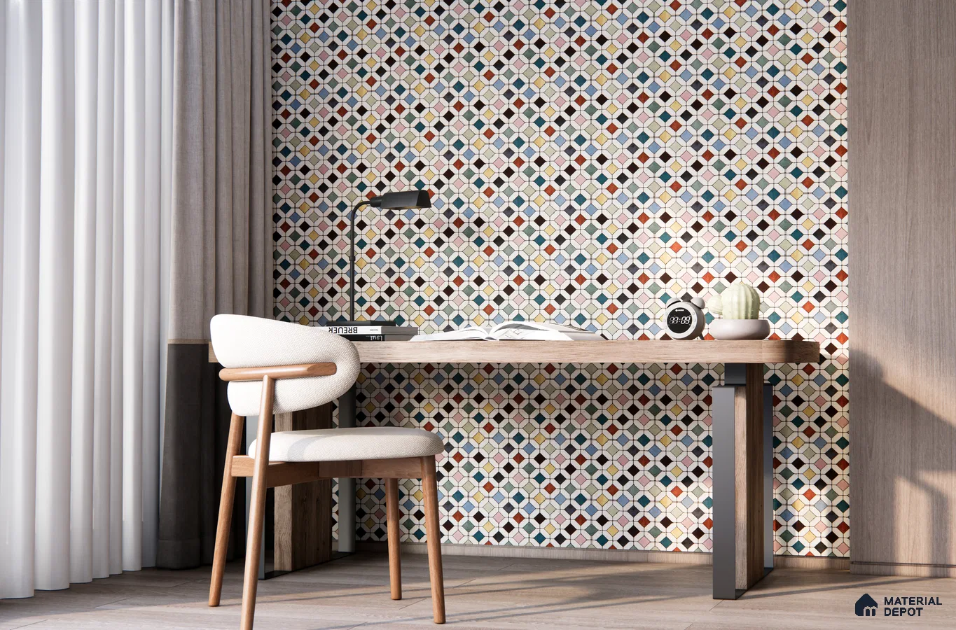Eclectic Mosaic Tile Study Nook with Warm Wood Accents | Material Depot