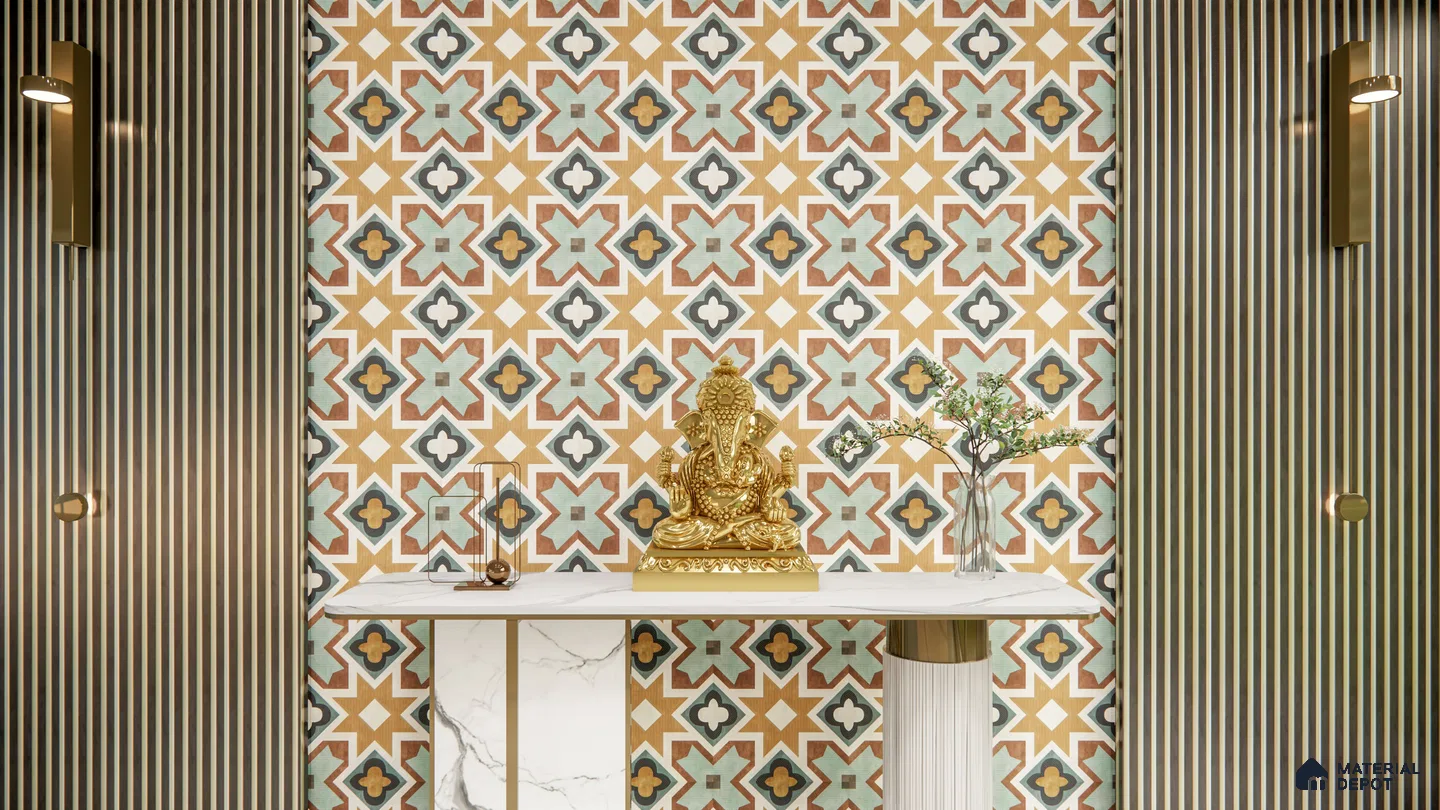 Eclectic Pooja Room with Patterned Tiles and Gold Accents | Material Depot