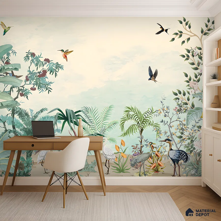 Eclectic study room with chinoiserie nature wallpaper and light wood herringbone flooring in Bengaluru