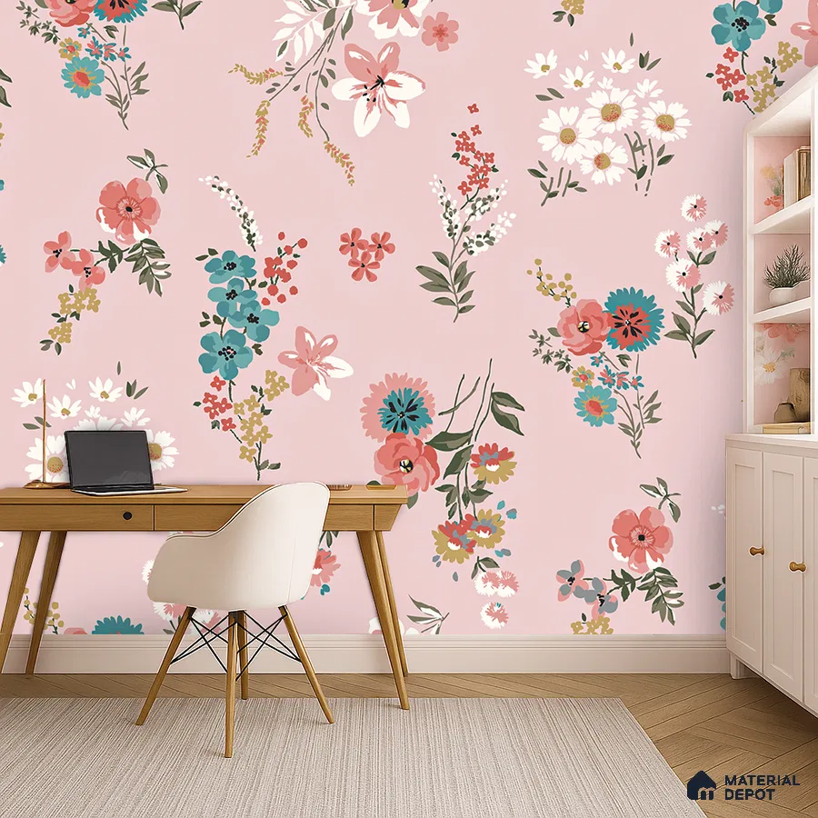 Eclectic study room with pink floral wallpaper and light wood desk in Bengaluru