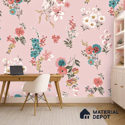 Eclectic study room with pink floral wallpaper and light wood desk in Bengaluru