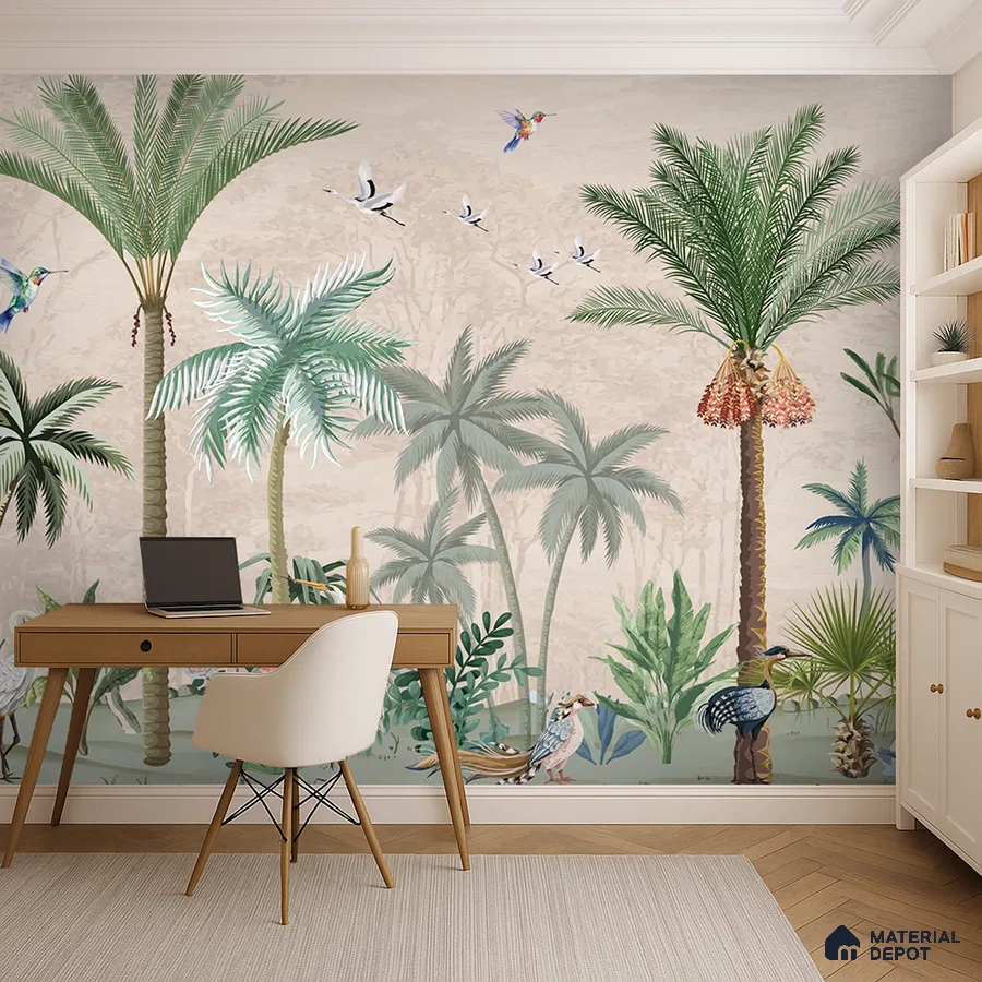 Eclectic study room with tropical wallpaper and light wood desk in Bengaluru