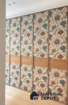 Eclectic wardrobe with floral patterned wallpaper panels and light oak wood accents | Material Depot