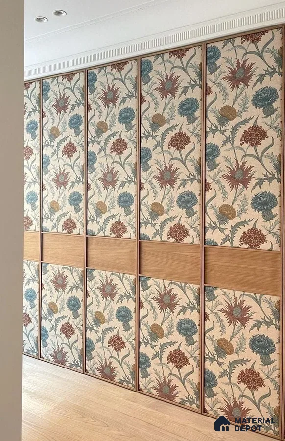 Eclectic wardrobe with floral patterned wallpaper panels and light oak wood accents | Material Depot