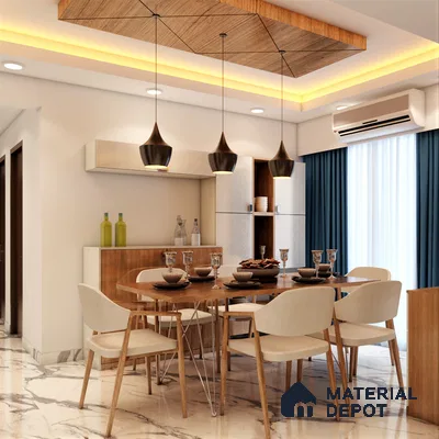 Compact 6-seater dining with crockery unit and hanging lamps: Efficient elegance for stylish and intimate gatherings.