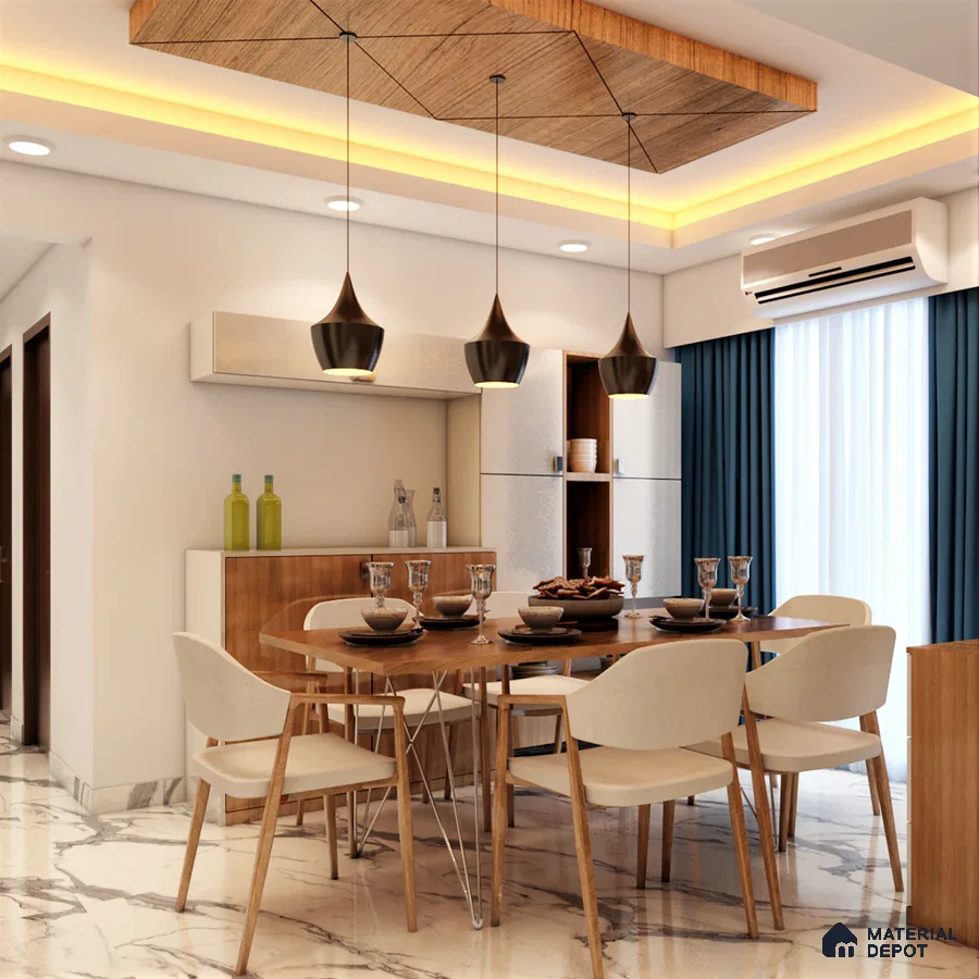 Compact 6-seater dining with crockery unit and hanging lamps: Efficient elegance for stylish and intimate gatherings.