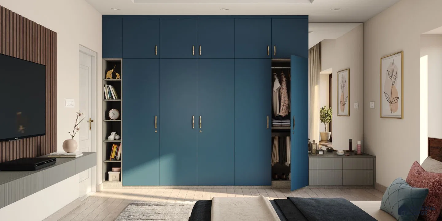 Efficient storage in blue wardrobe