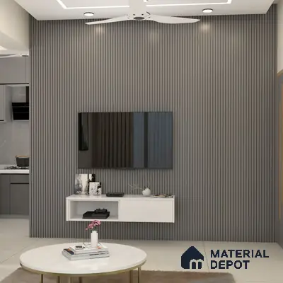 Chic White TV Unit with Grey Fluted Back Wall
