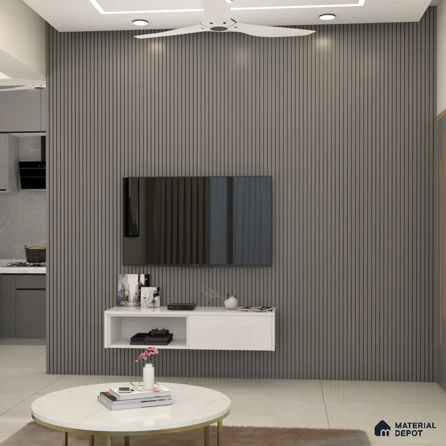 Chic White TV Unit with Grey Fluted Back Wall